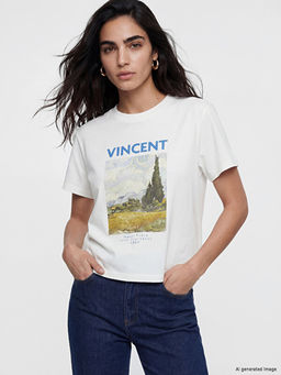 Van Gogh Bask?l? %100 Pamuklu Kad?n Ti??rt