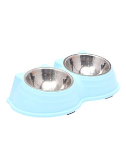 Миска металлическая двойная на пластиковом основании "Кисы", 28 х 16,3 х 7,3 см, голубая