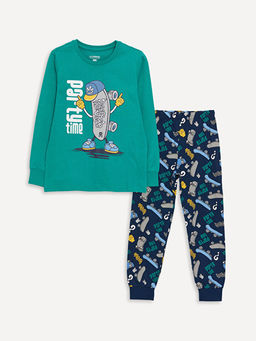 Bisiklet Yaka Bask?l? Uzun Kollu Erkek ?ocuk Pijama Tak?m?