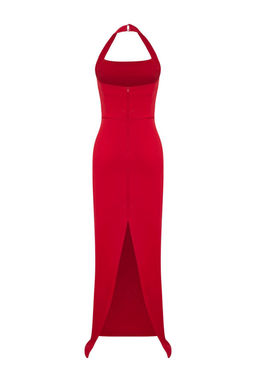 TRENDYOLMILLA Mavi Vucuda Oturan Degaje Yaka Dokuma Uzun S?k Abiye Elbise TPRSS24AE00083  фото 18