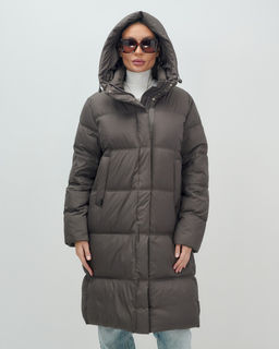 Пальто зимнее утепленное с капюшоном женское темно-коричневого цвета 7618TK - Visdeer фото 11