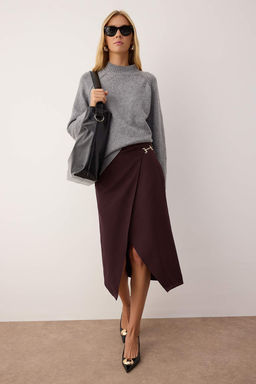 Koyu Kahverengi Aksesuar Detayl? Kruvaze Y?rtmacl? Midi Dokuma Etek TWOAW26ET00080