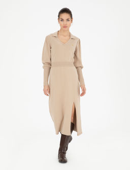 Krem Regular Fit Triko Elbise