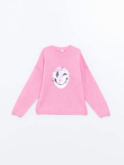 Bisiklet Yaka ?ift Y?nl? Payetli Uzun Kollu K?z ?ocuk Triko Kazak