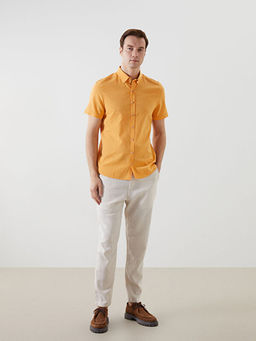 Slim Fit K?sa Kollu Keten Kar???ml? Erkek G?mlek