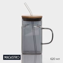 Банка Magistro Эко, 620 мл, ручка, трубочка, с бамбуковой крышкой, стекло, прозрачная, чёрная