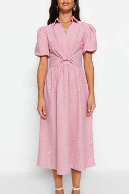 Pembe Cizgili Kruvaze Yaka Midi Dokuma Elbise TWOSS23EL02233