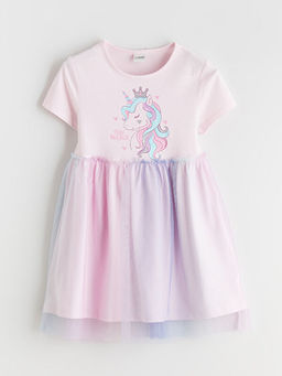 Bisiklet Yaka Bask?l? K?z ?ocuk Prenses Elbisesi