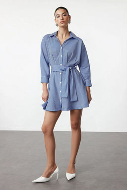 TRENDYOLMILLA Mavi Kusakl? Cizgili Mini Dokuma Gomlek Elbise TWOAW25EL00154  фото 12