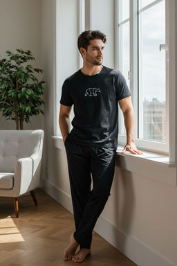 TRENDYOL MAN Siyah Regular Fit Nak?sl? Orme Pijama Tak?m? TMNAW25PT00023
