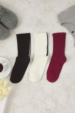 Siyah-Beyaz-Bordo 3lu Pamuklu Cizgili Orme Corap THMAW26CO00003