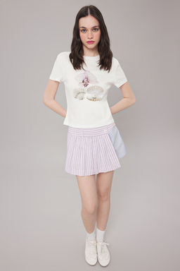 TRENDYOLMILLA Ekru Bask?l? Fitted/Vucuda Oturan Orme T-shirt TWOSS25TS00108  фото 2