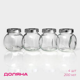 Банки для сыпучих Доляна Блеск, 200 мл, с пластмассовой крышкой, набор 4 шт., стекло, прозрачные