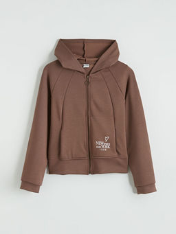 Kap??onlu Bask?l? K?z ?ocuk Fermuarl? Sweatshirt