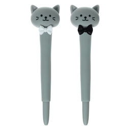 Ручка гелевая-прикол, стержень синий Котик с бантиком, серый