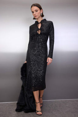 Siyah Duz Gogusten Baglama Detayl? Payet Midi Astarl? S?k/Gece Elbise TPRAW26EL00100