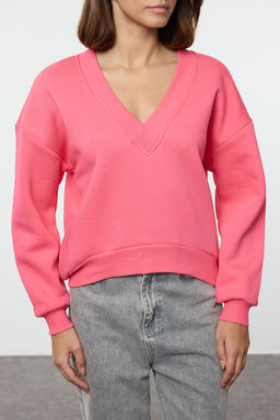 Trendyolmilla Pembe Basic Regular/Normal Kal?p V yaka Kal?n Ici Polarl? Orme Sweatshirt TWOAW25SW00214 фото 3
