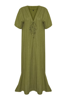 Haki Dokuma Baglama Detayl? Maxi Plaj Elbise TBESS25EL00022