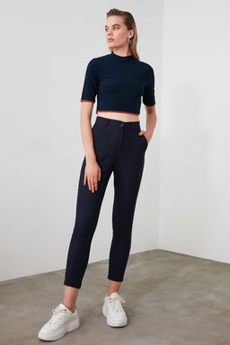 Lacivert Basic Cigarette Dar Paca Dokuma Kumas Pantolon TWOSS19ST0038