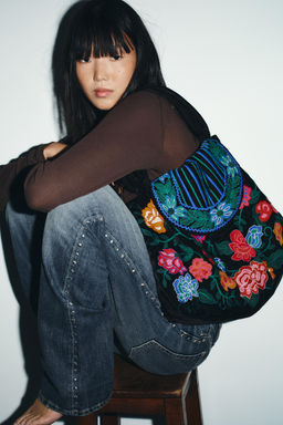 MAXI VELVET BAG WITH FLORAL EMBROIDERY