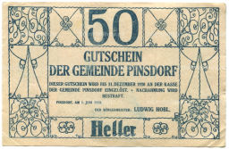 50 геллеров 1920 года Австрия Пинсдорф (нотгельд)