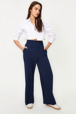 Lacivert Wide Leg/Genis Paca Beli Lastikli Dokuma Pantolon TWOSS22PL00024