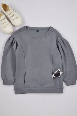 Indigo K?z Cocuk Kol Buzgulu Cepli Pamuklu Orme Sweatshirt TKDAW25SW00025
