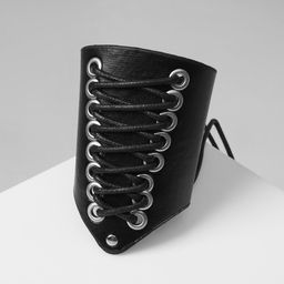 Браслет манжета кожаная «Шнуровка», чёрный, серебряный