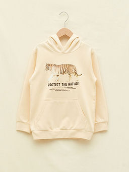 Kap??onlu Bask?l? Uzun Kollu Erkek ?ocuk Sweatshirt