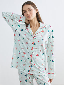 G?mlek Yaka Bask?l? Kad?n Pijama Tak?m?