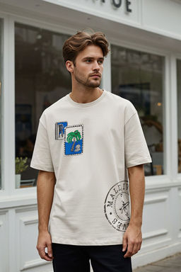 TRENDYOL MAN Ekru Oversize/Genis Kesim Tropikal Bask?l? %100 Pamuk T-Shirt TMNSS25TS00219 - Trendyolmilla фото 5