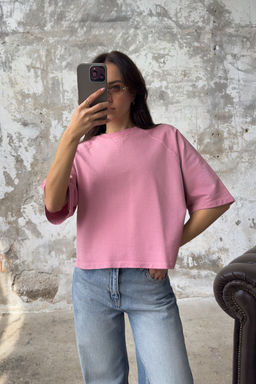 Pembe Relaxed/Rahat Kal?p Crop Orme T-Shirt TWOSS25TS00017