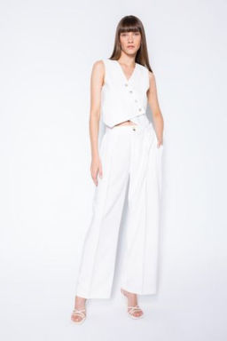 Piliseli Klasik Pantolon Wide Leg Yuksek Bel Genis Paca Basic Duz Tensel Cift Cepli