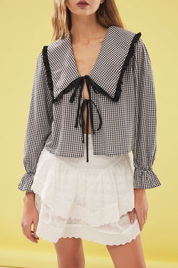 TRENDYOLMILLA Siyah Buyuk Yaka Detayl? Potikare Desen Regular Normal Kal?p Dokuma Gomlek TWOSS25GO00077 фото 4