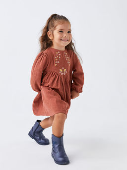 Bisiklet Yaka Uzun Kollu Nak??l? K?z Bebek Elbise