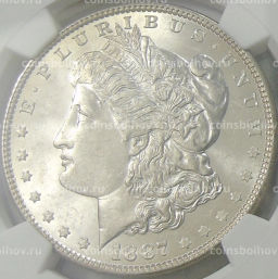Монета 1 доллар 1887 года США Доллар Моргана (в слабе NGC MS 63)