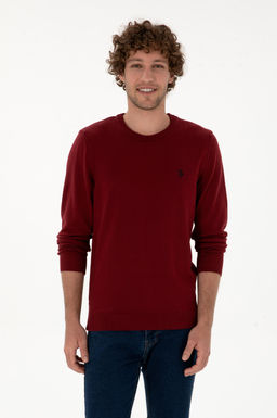 Erkek Slim Fit Bisiklet Yaka Bordo Basic Kazak