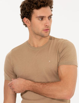 Bej Slim Fit Bisiklet Yaka Triko T-shirt