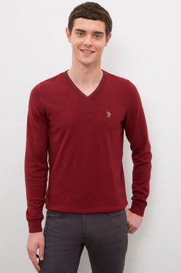 U. S. Polo Assn / Мужской бордовый красный трикотажный свитер с v-образным вырезом Basic