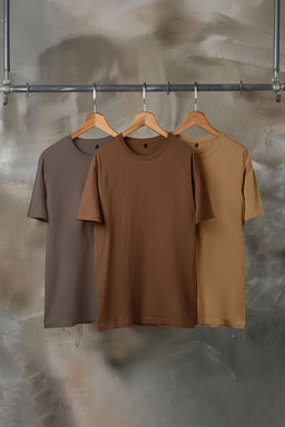 Kahverengi-Bej-Gri Slim/Dar Kesim Bisiklet Yaka Basic %100 Pamuklu 3lu Paket T-Shirt TMNSS19BO0007