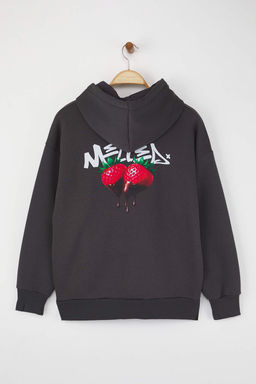 Teen Kal?n Ici Polarl? Antrasit Kapusonlu On ve S?rt Cilek Bask?l? Orme Sweatshirt TWOAW26SW00114