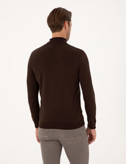 Koyu Kahverengi Slim Fit Bal_k__ Yaka Basic Triko Kazak