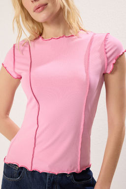 Pembe Kontrast Dikisli Fitted/Vucuda Oturan Orme Bluz TWOSS25BZ00029 - Trendyolmilla фото 3