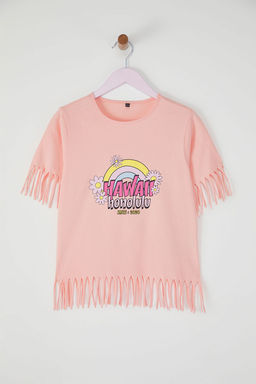 Ekru K?z Cocuk %100 Pamuk Slogan Bask?l? Regular Kal?p Puskullu K?sa Kol Orme T-Shirt TKDSS25TS00067