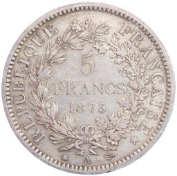 Монета 5 франков 1875 года Франция Геркулес