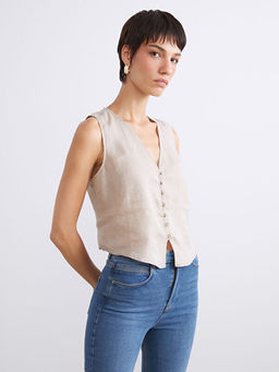 V Yaka Ask?l? %100 Keten Bluz