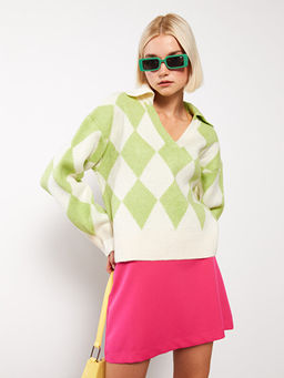 Polo Yaka Baklava Desenli Kad?n Triko Kazak