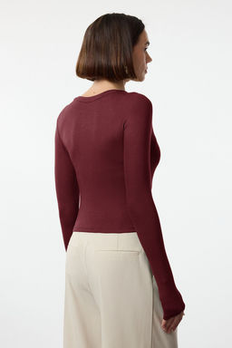 Bordo Premium Viskon Bisiklet Yaka Crop Esnek Orme Bluz TWOAW24BZ00116