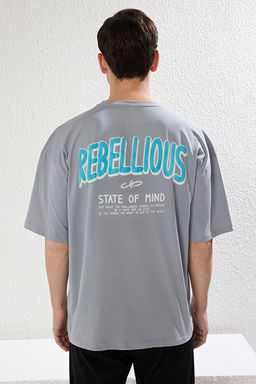 Gri Unisex Oversize/Geni_ Kesim Kabar_k Yaz_ Bask_l_ K_sa Kol %100 Pamuk T-Shirt TMNSS23TS00263 - Trendyolmilla фото 2