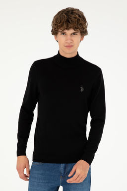Erkek Slim Fit Yar_m Bo_azl_ Siyah Basic Kazak